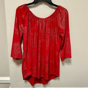 Amana Sz M Red & Gold Peasant Top NWT Elastic Neckline